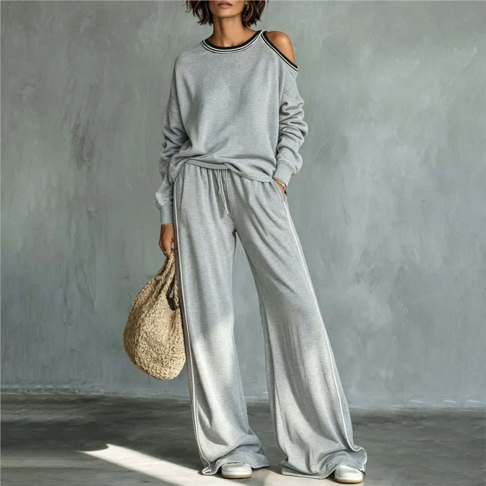 Women's Off-Shoulder Sweatshirt & Wide Leg Pants Set