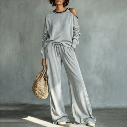 Women's Off-Shoulder Sweatshirt & Wide Leg Pants Set