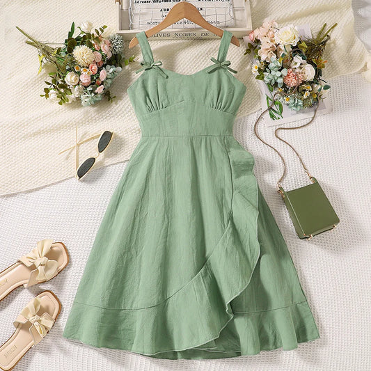 Girls Summer Bow Dress (8–12Y) with Uneven Hem