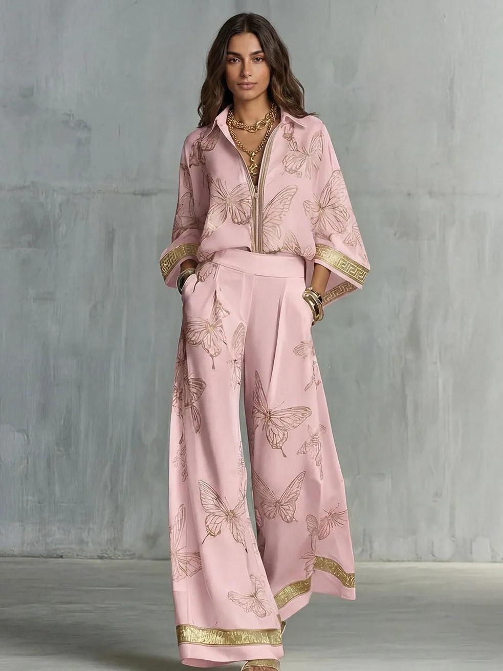Retro Butterfly Print 2 Piece Set Lapel Zipper Solid Shirt Top + Wide Leg Trousers Holiday  Pants Set Matching Suit Outfit 2026
