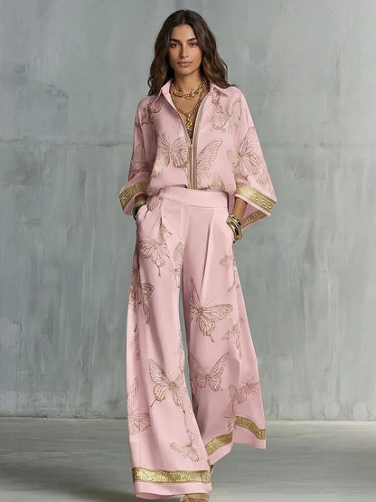 Retro Butterfly Print 2 Piece Set Lapel Zipper Solid Shirt Top + Wide Leg Trousers Holiday  Pants Set Matching Suit Outfit 2026