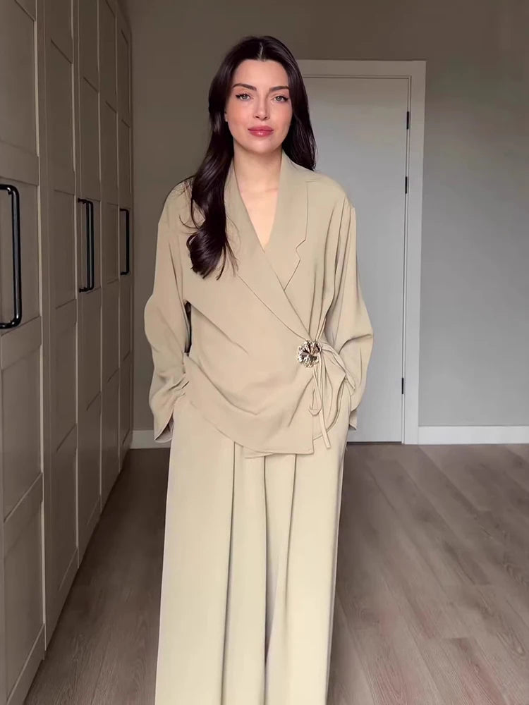 Women's V-Neck Jacket & Wide Leg Pants Set