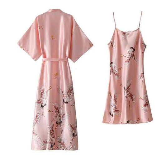 Sexy Women 2PC Silky Nightwear Gown Set V-Neck Pajama Sleepwear