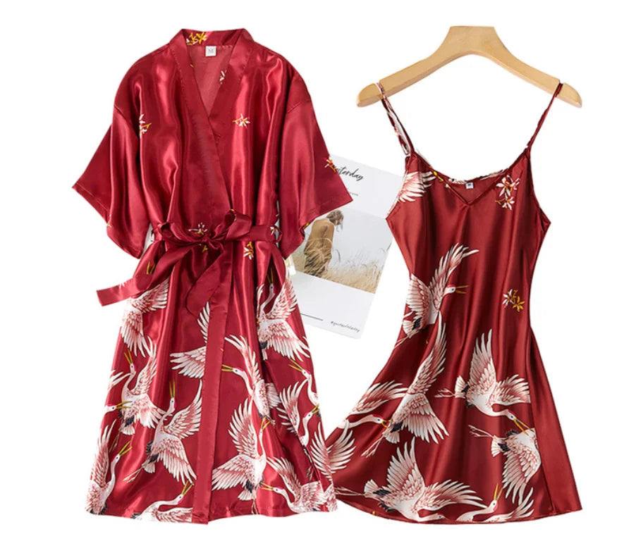 Sexy Women 2PC Silky Nightwear Gown Set V-Neck Pajama Sleepwear