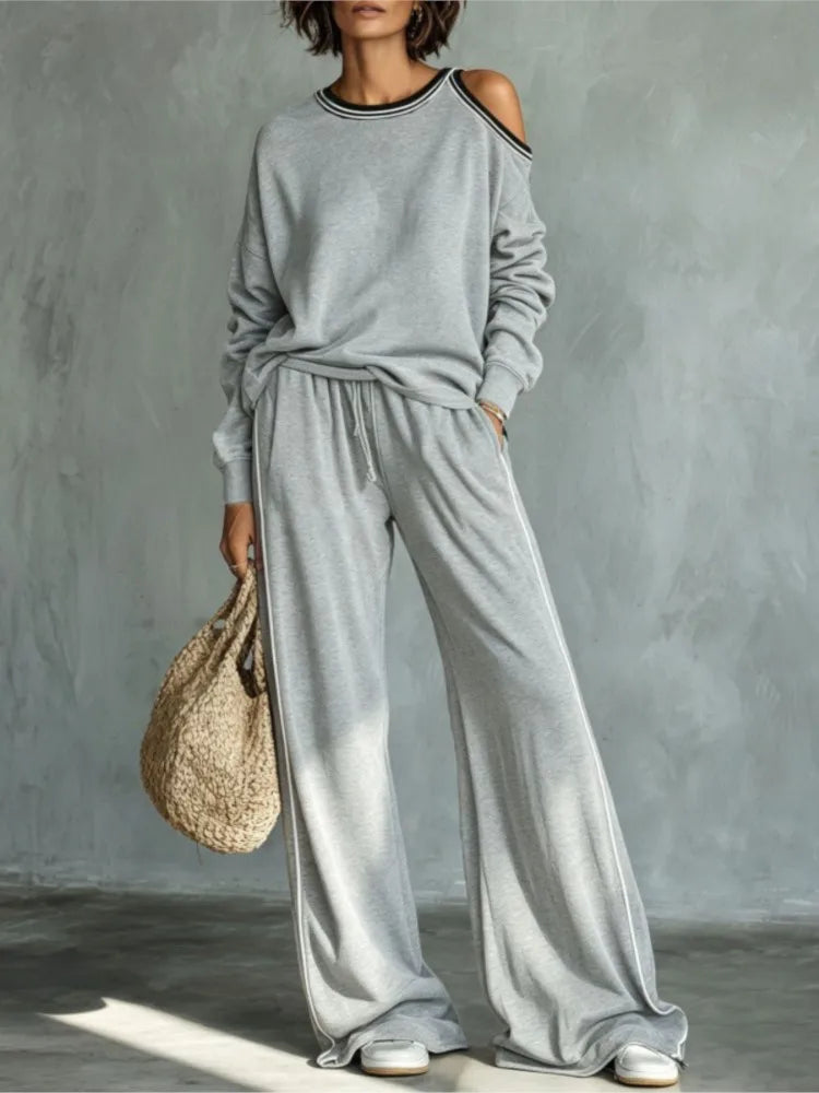Women's Off-Shoulder Sweatshirt & Wide Leg Pants Set