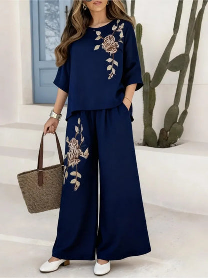 Women's Embroidered Top & Wide Leg Pants Set