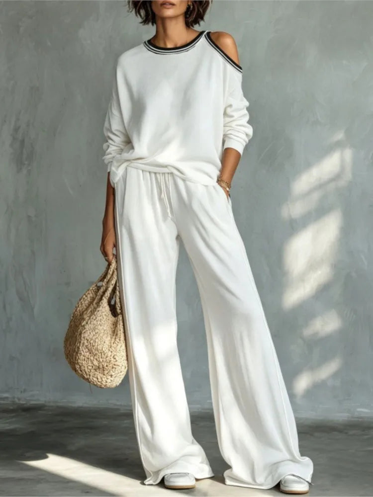 Women's Off-Shoulder Sweatshirt & Wide Leg Pants Set
