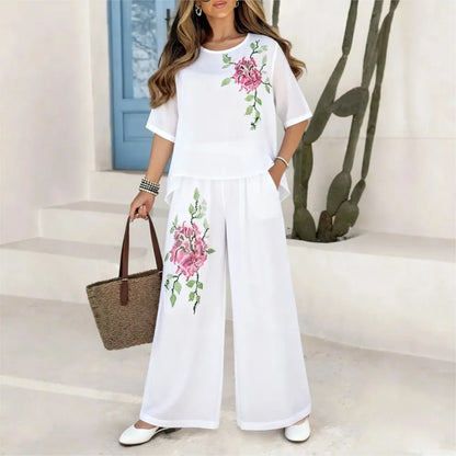 Women's Embroidered Top & Wide Leg Pants Set