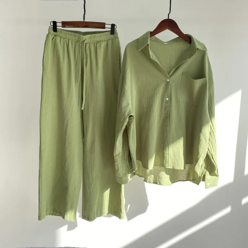 2 pieces women sets 2026 retro solid colorcotton linen shirt+high-waisted loose trousers sets women's clothing