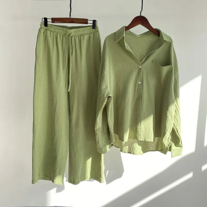2 pieces women sets 2026 retro solid colorcotton linen shirt+high-waisted loose trousers sets women's clothing