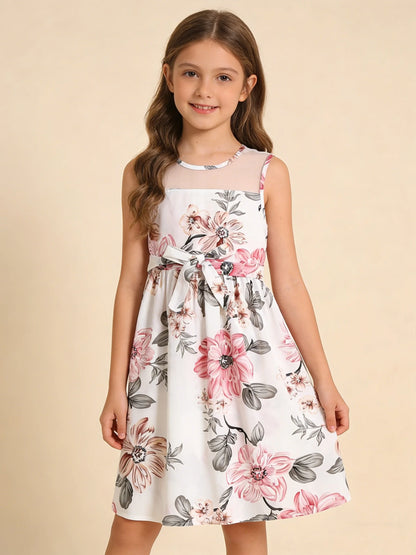 Girls Floral Print Sleeveless Lace Dress 🌸