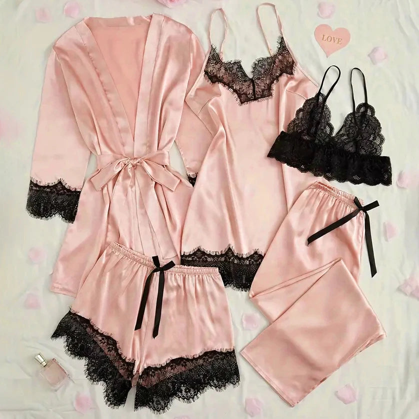 Women's Satin Sleepwear Set – Lace Robe & Pajamas