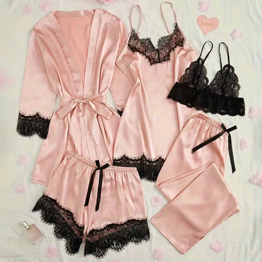 Women's Satin Sleepwear Set – Lace Robe & Pajamas