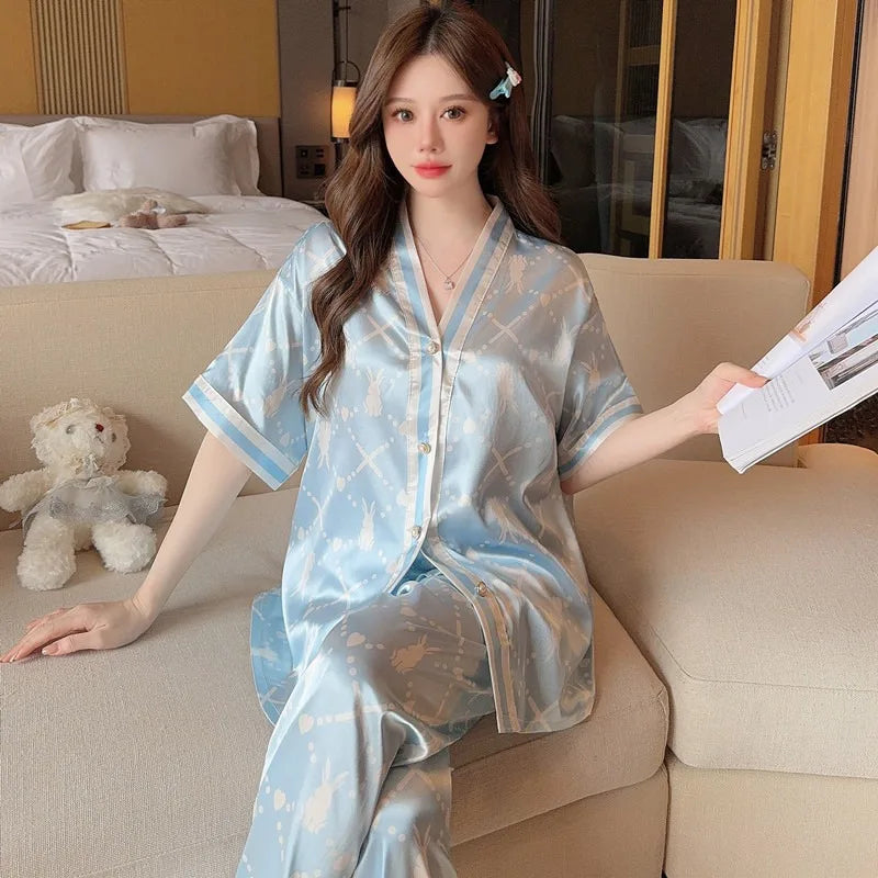 Women's Silk Pajama Set Button-Up V-Neck Printed Sleepwear