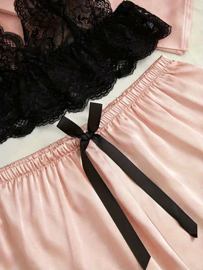 Women's Satin Sleepwear Set – Lace Robe & Pajamas