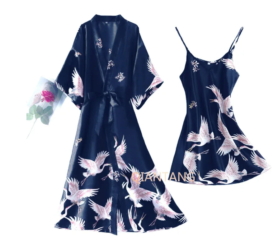 Sexy Women 2PC Silky Nightwear Gown Set V-Neck Pajama Sleepwear