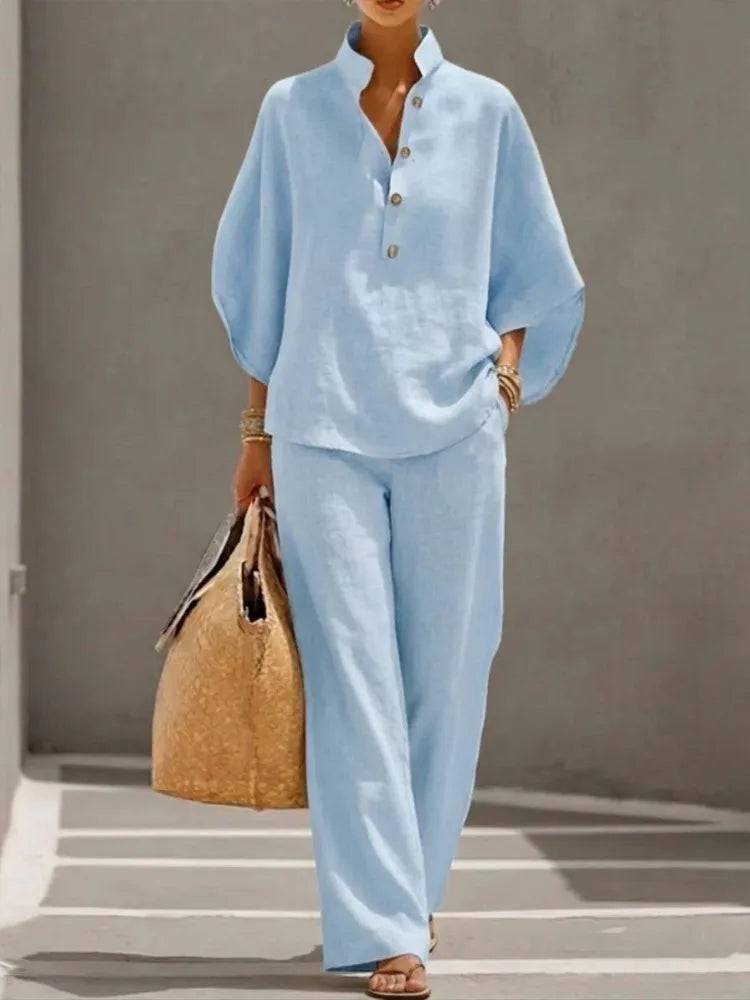 2026 Summer Fashion New Women's Cotton and Hemp Two Piece Set Single Breasted Half Open Half Sleeved Top Pants Commuter Set