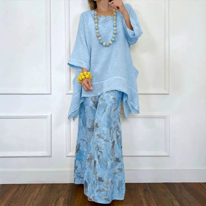 Women's Floral Linen Top & Wide Leg Pants Set
