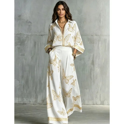Retro Butterfly Print 2 Piece Set Lapel Zipper Solid Shirt Top + Wide Leg Trousers Holiday  Pants Set Matching Suit Outfit 2026