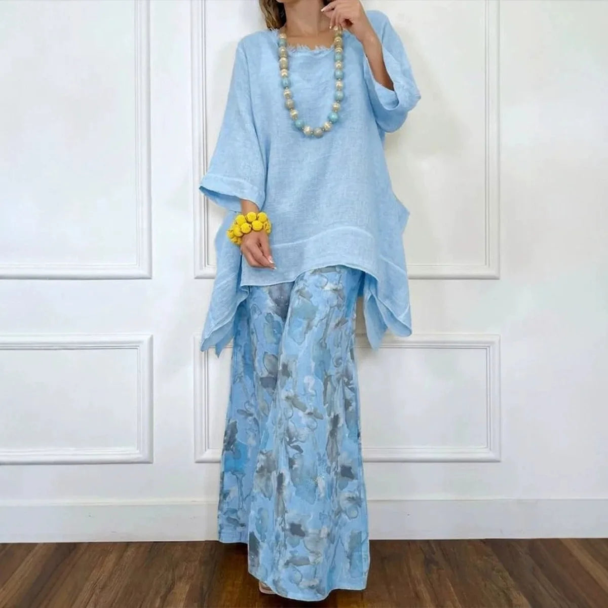 Women's Floral Linen Top & Wide Leg Pants Set