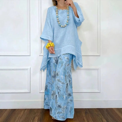 Women's Floral Linen Top & Wide Leg Pants Set