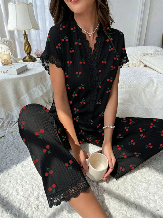 Women's Cherry Print Lace Trim Pajama Set