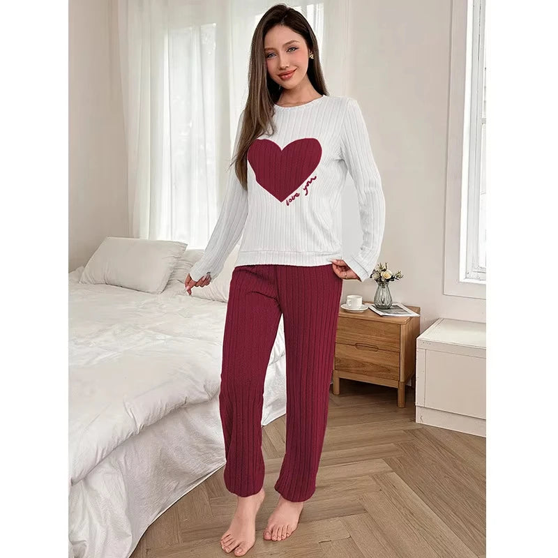 Women's Heart Print Warm Pajama Set
