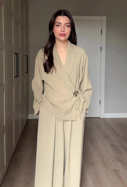 Women's V-Neck Jacket & Wide Leg Pants Set