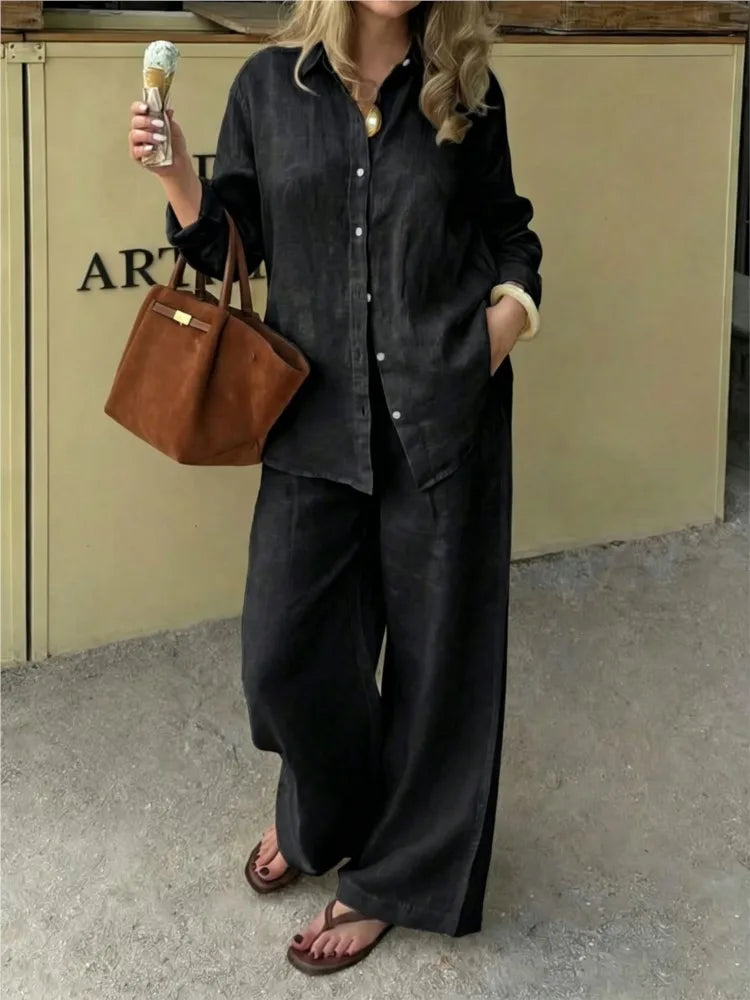 Women's Linen Shirt & Wide Leg Pants Set