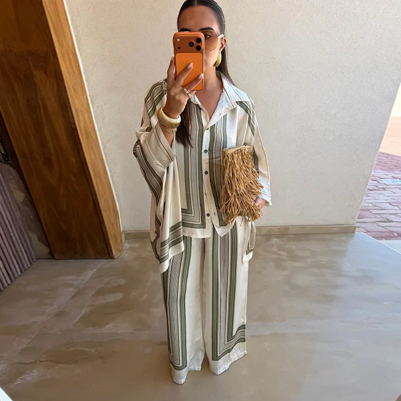 Women's Striped Shirt & Wide Leg Pants Set