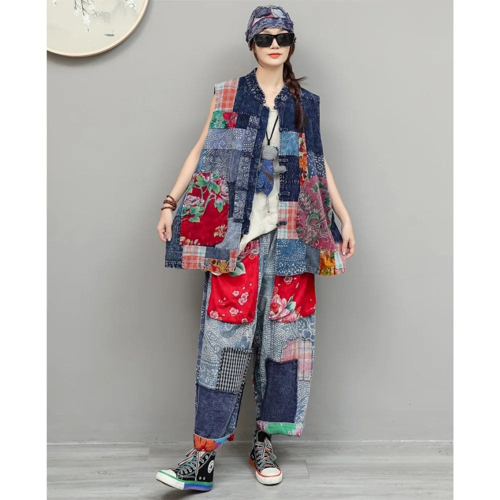 Artistic Tie-Dye Fabric Patchwork Floral Outfit Women Summer Cardigan Loose Vest + Large Pockets Pant Two Piece Set ZF2280