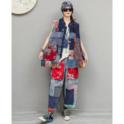 Artistic Tie-Dye Fabric Patchwork Floral Outfit Women Summer Cardigan Loose Vest + Large Pockets Pant Two Piece Set ZF2280