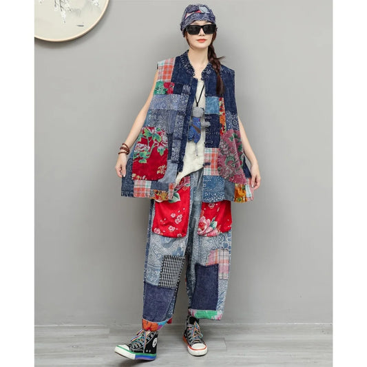 Artistic Tie-Dye Fabric Patchwork Floral Outfit Women Summer Cardigan Loose Vest + Large Pockets Pant Two Piece Set ZF2280