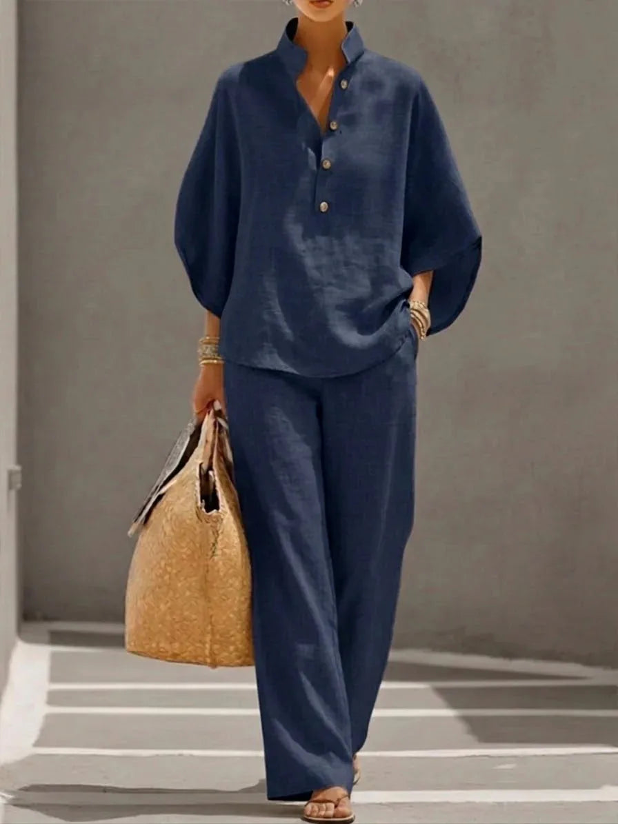 2026 Summer Fashion New Women's Cotton and Hemp Two Piece Set Single Breasted Half Open Half Sleeved Top Pants Commuter Set