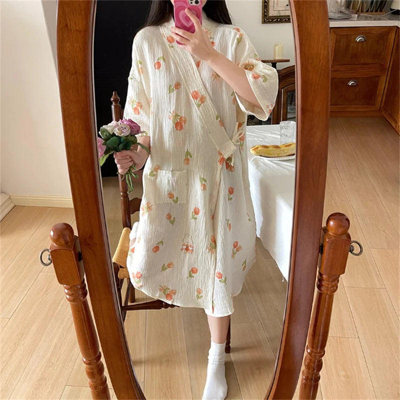 Women's Cotton Night Robe – Half Sleeve Dressing Gown