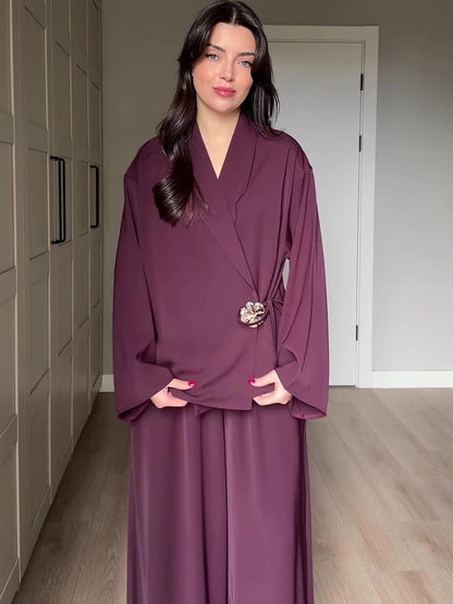 Women's V-Neck Jacket & Wide Leg Pants Set