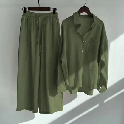2 pieces women sets 2026 retro solid colorcotton linen shirt+high-waisted loose trousers sets women's clothing