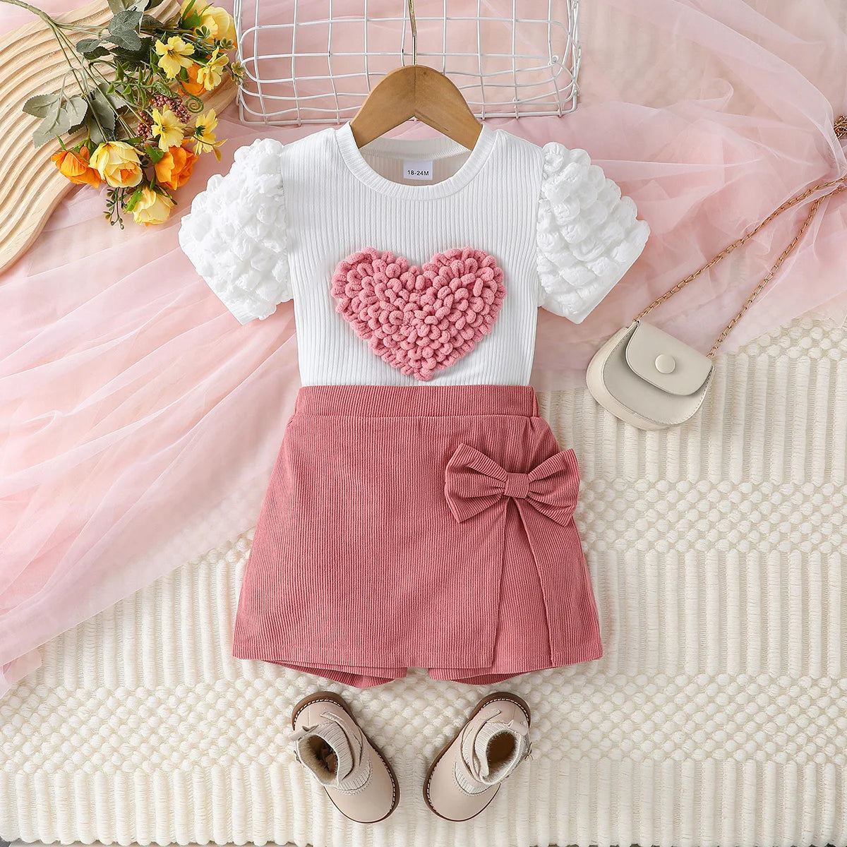 Girls Heart Top & Bow Shorts Set (1–6Y)