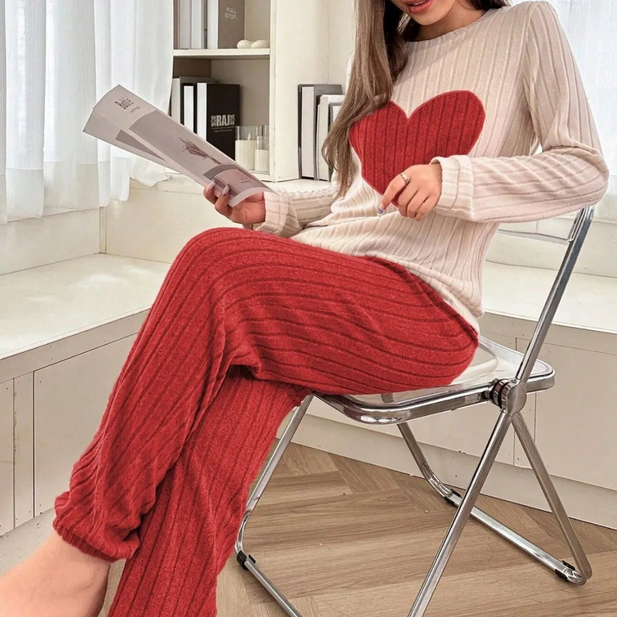 Women's Heart Print Warm Pajama Set