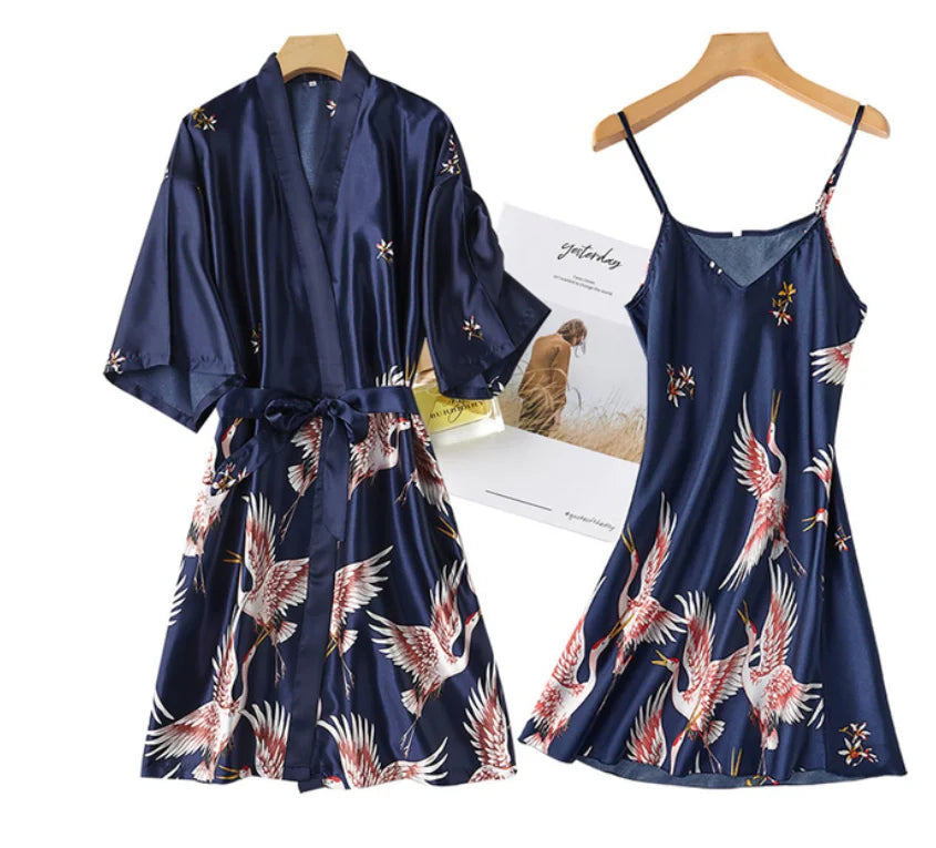 Sexy Women 2PC Silky Nightwear Gown Set V-Neck Pajama Sleepwear
