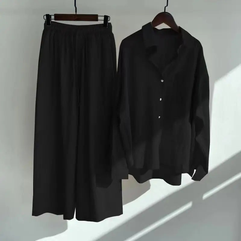 2 pieces women sets 2026 retro solid colorcotton linen shirt+high-waisted loose trousers sets women's clothing