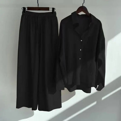2 pieces women sets 2026 retro solid colorcotton linen shirt+high-waisted loose trousers sets women's clothing