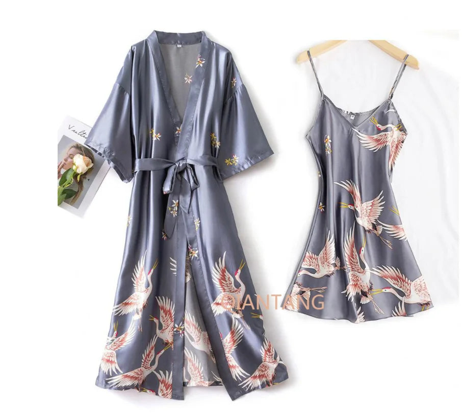 Sexy Women 2PC Silky Nightwear Gown Set V-Neck Pajama Sleepwear