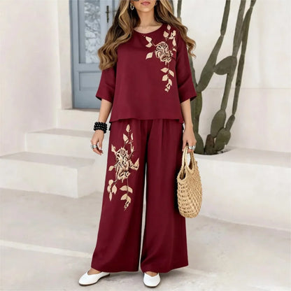 Women's Embroidered Top & Wide Leg Pants Set
