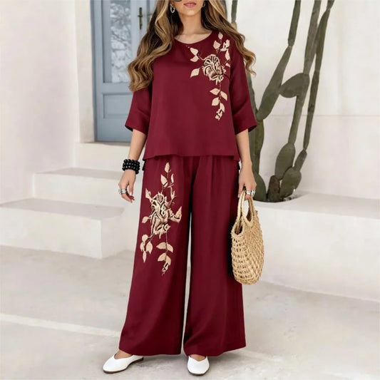 Fall Casua 7 Inch Sleeve Top Pants With Pockets Women's Set Fashion Retro Embroidered Elegant Female Wide Leg Pants 2 Piece Set