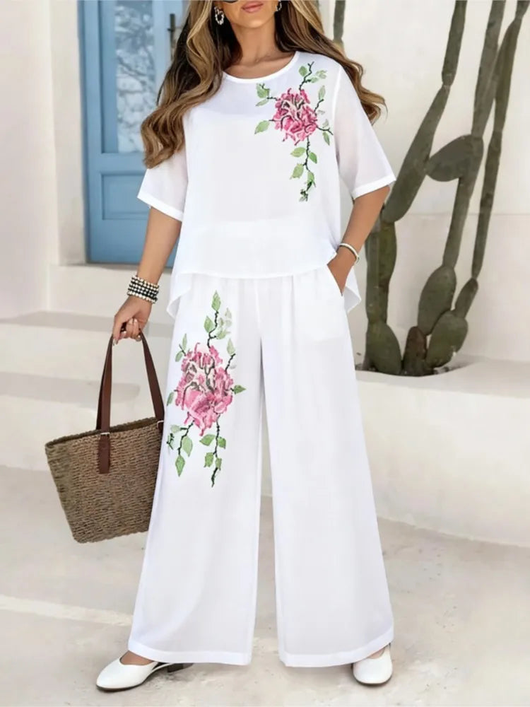 Women's Embroidered Top & Wide Leg Pants Set