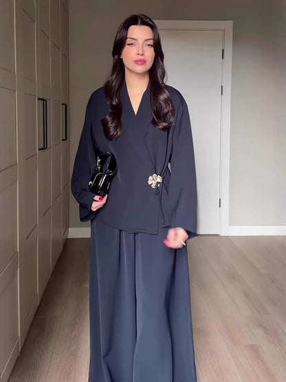 Women's V-Neck Jacket & Wide Leg Pants Set
