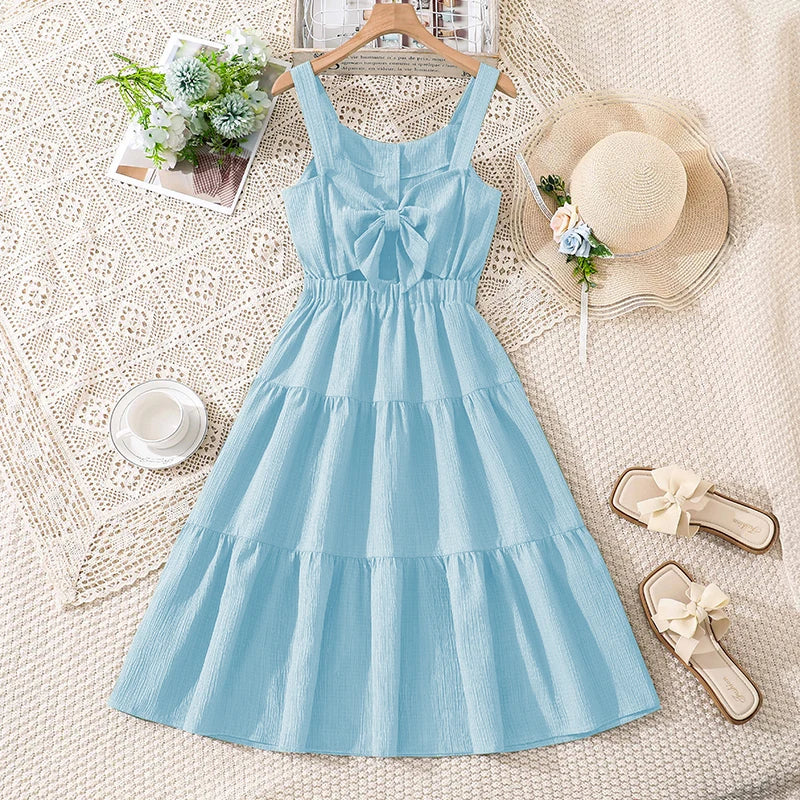 Girls 8–12Y Green Sleeveless Tiered Dress with Back Bow