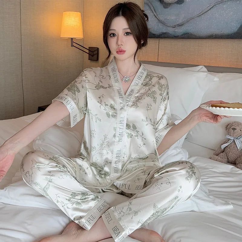 Women's Silk Pajama Set Button-Up V-Neck Printed Sleepwear