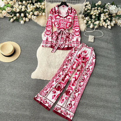 Women's Printed Shirt & Wide Leg Pants Set